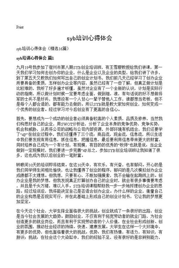 syb培训心得体会