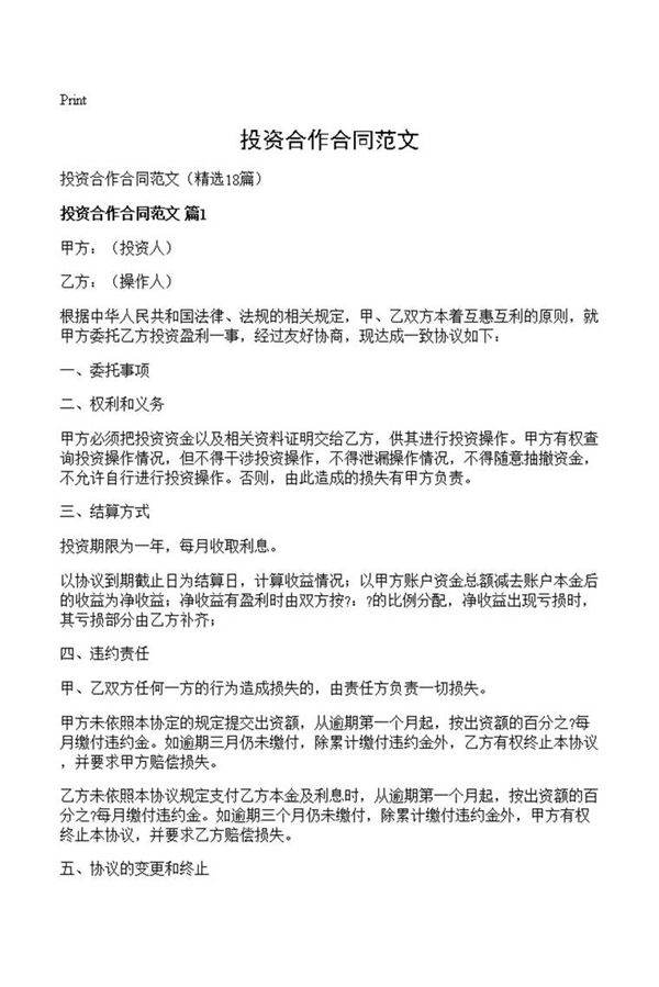 投资合作合同范文