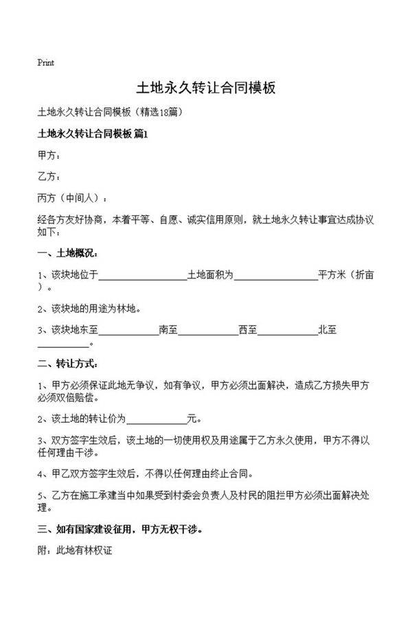 土地永久转让合同模板