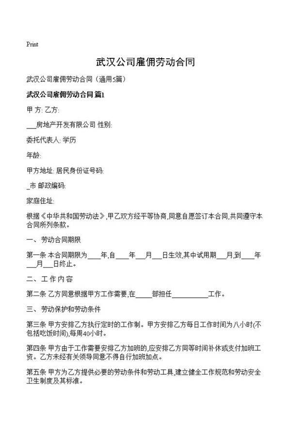 武汉公司雇佣劳动合同