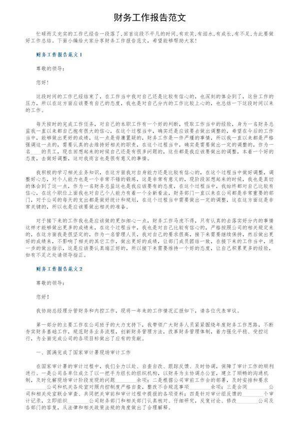 财务工作报告范文
