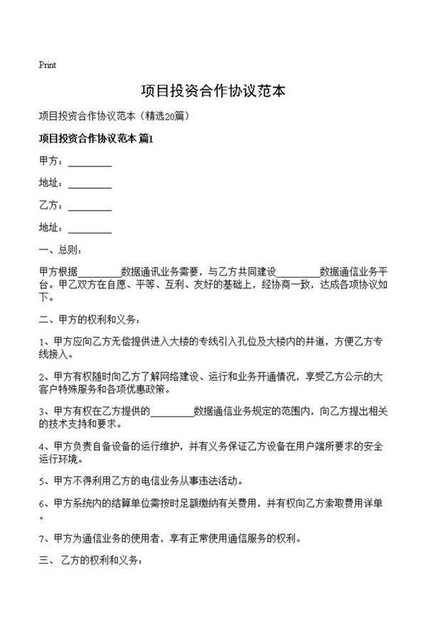 项目投资合作协议范本