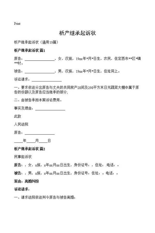 析产继承起诉状