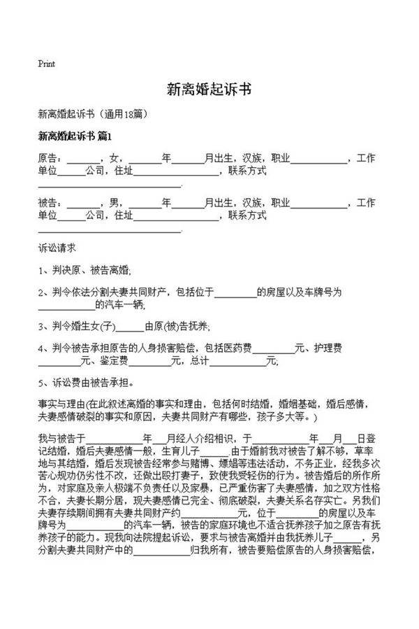 新离婚起诉书