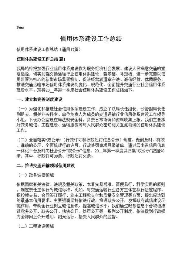 信用体系建设工作总结