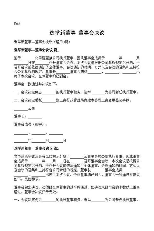 选举新董事董事会决议