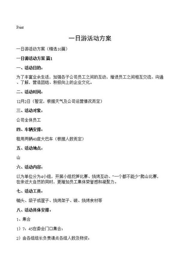 一日游活动方案