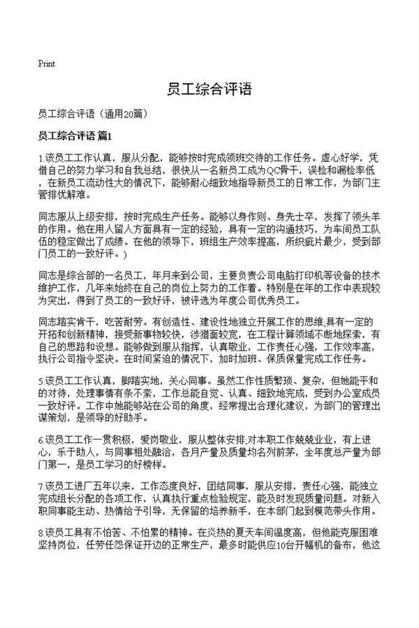员工综合评语