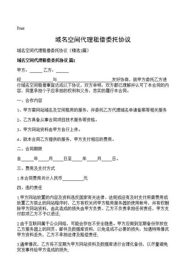 域名空间代理租借委托协议