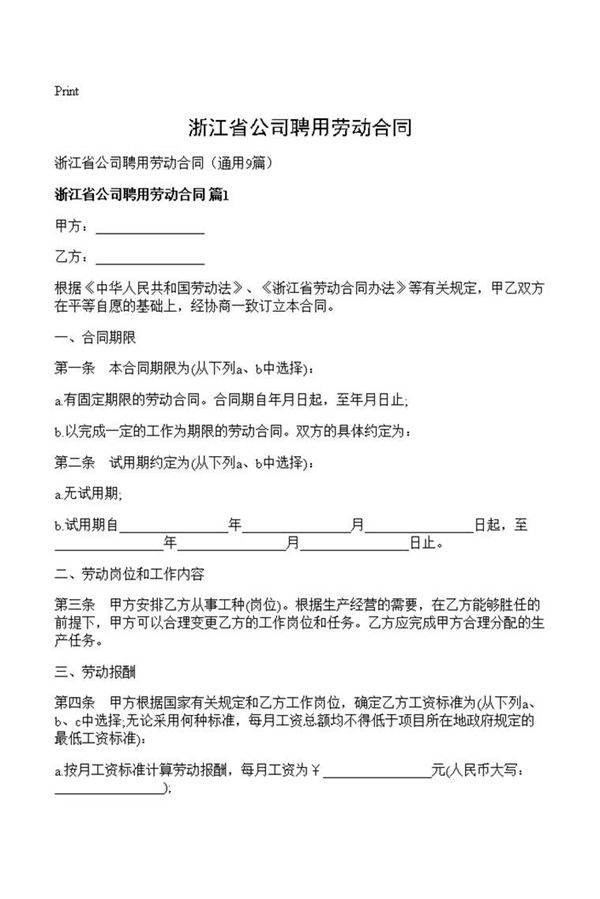 浙江省公司聘用劳动合同