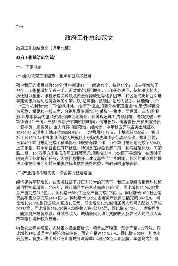 政府工作总结范文