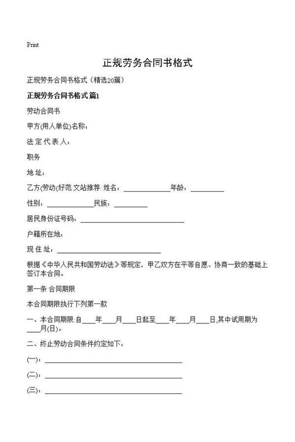 正规劳务合同书格式