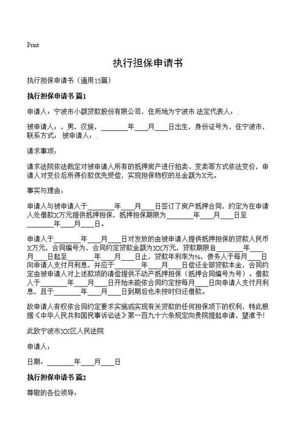 执行担保申请书