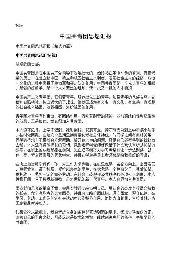 中国共青团思想汇报