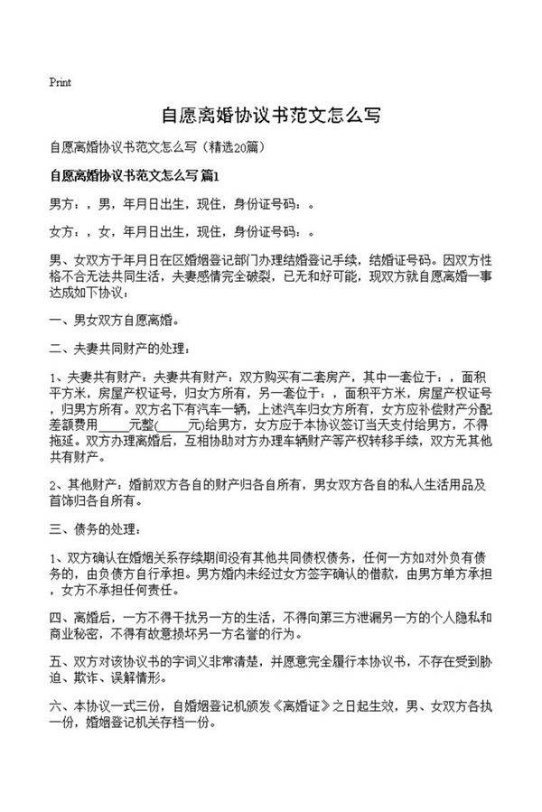 自愿离婚协议书范文怎么写