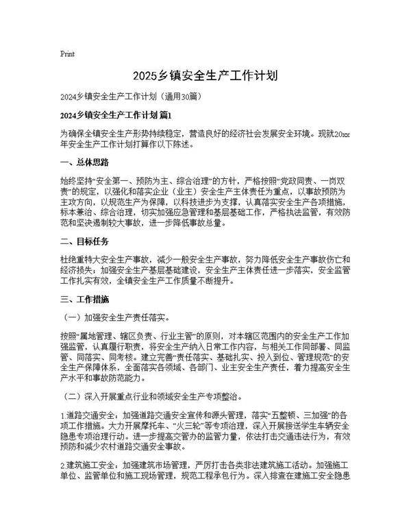 2024乡镇安全生产工作计划30篇