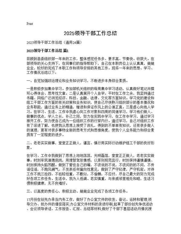 2025领导干部工作总结24篇