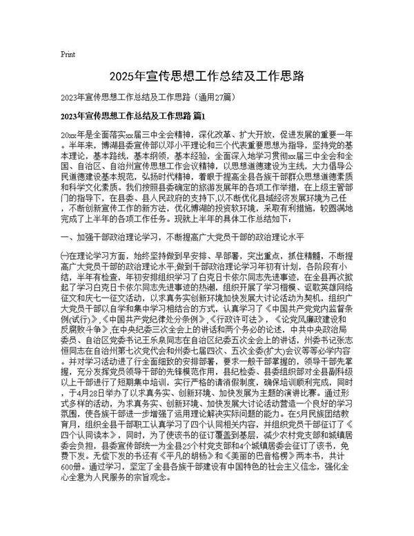 2025年宣传思想工作总结及工作思路27篇