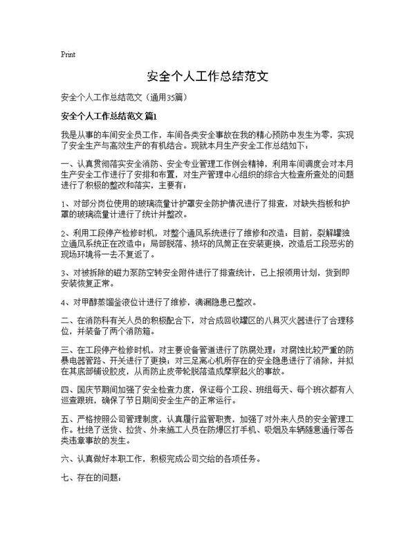 安全个人工作总结范文35篇