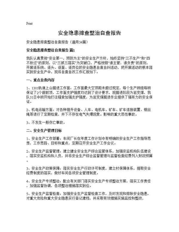 安全隐患排查整治自查报告34篇