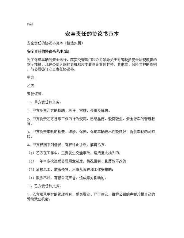 安全责任的协议书范本34篇