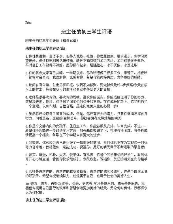 班主任的初三学生评语16篇