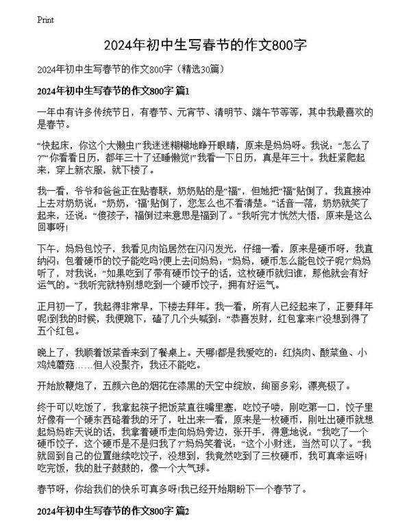 2024年初中生写春节的作文800字