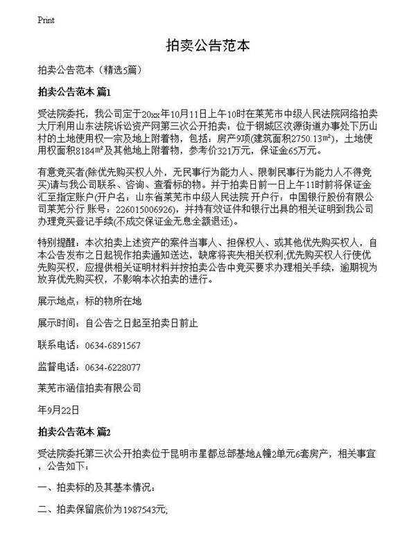 拍卖公告范本