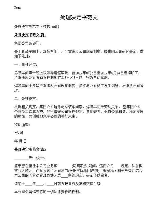 处理决定书范文