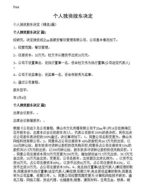 个人独资股东决定