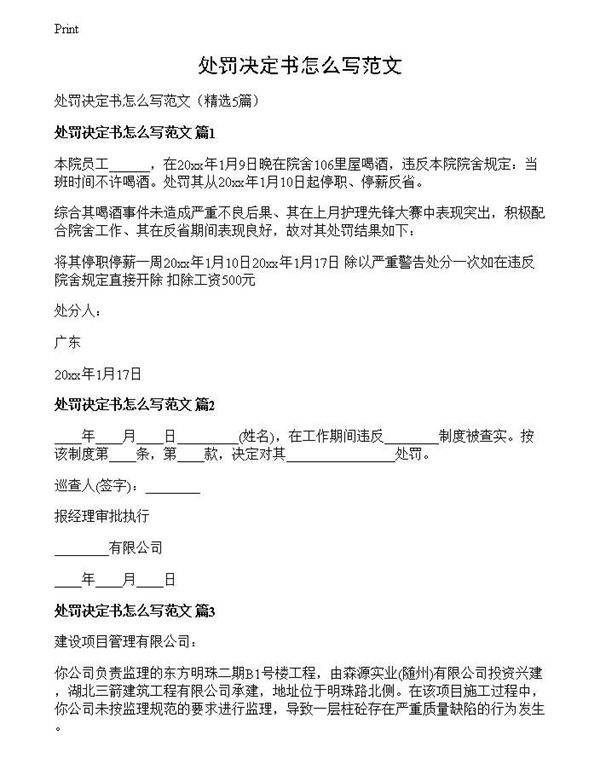 处罚决定书怎么写范文