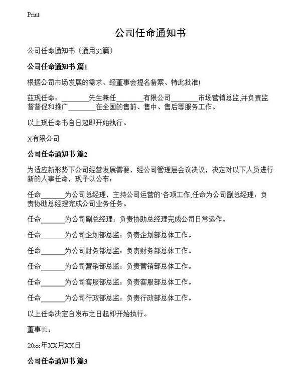 公司任命通知书