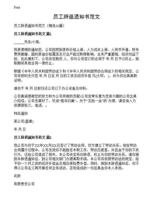 员工辞退通知书范文