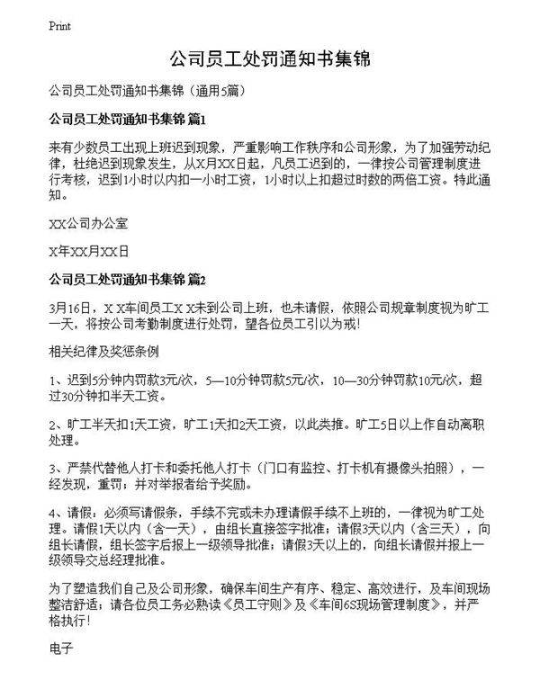 公司员工处罚通知书集锦
