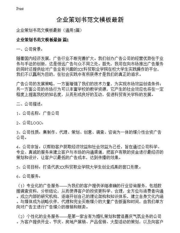 企业策划书范文模板最新