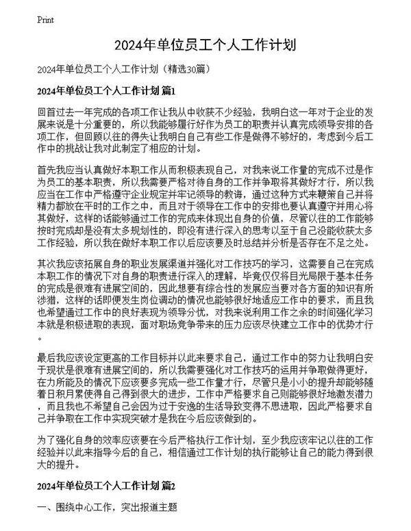 2024年单位员工个人工作计划