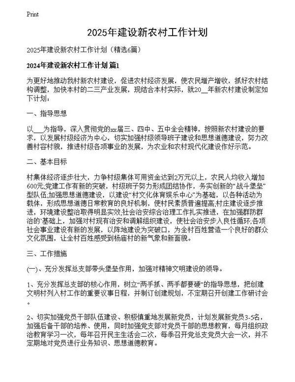 2025年建设新农村工作计划