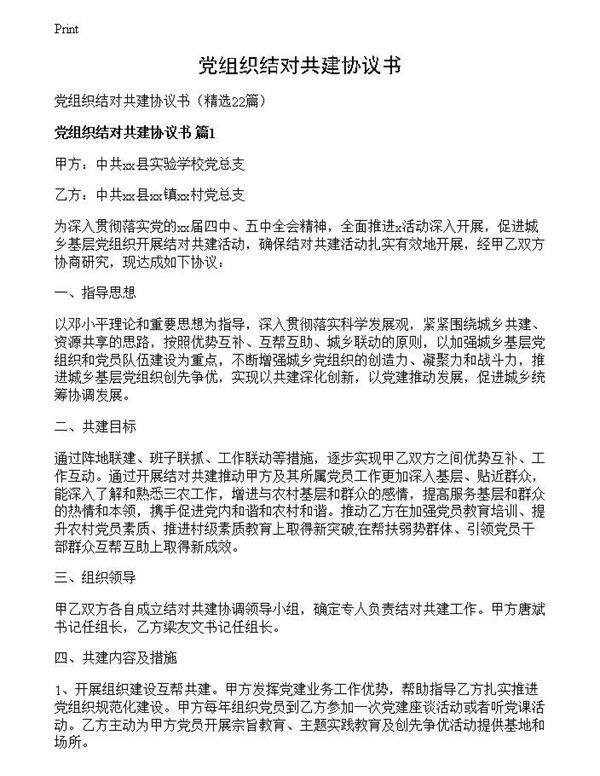 党组织结对共建协议书