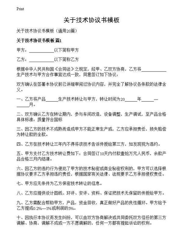 关于技术协议书模板