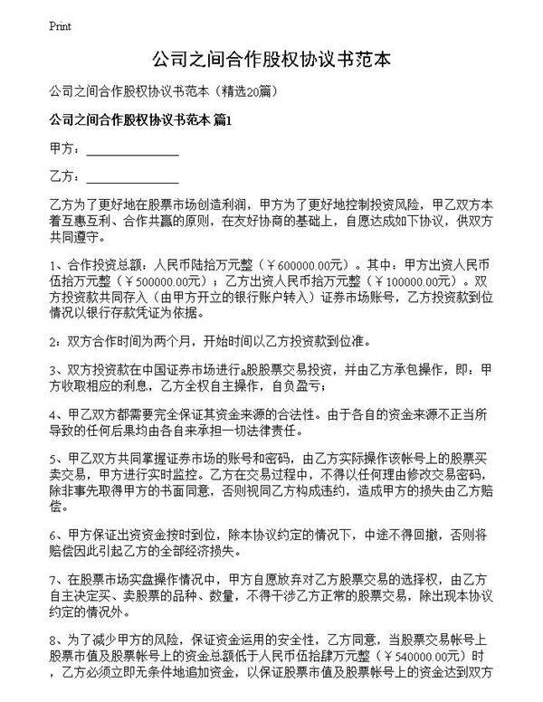 公司之间合作股权协议书范本