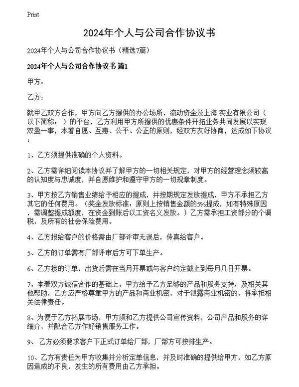 2024年个人与公司合作协议书