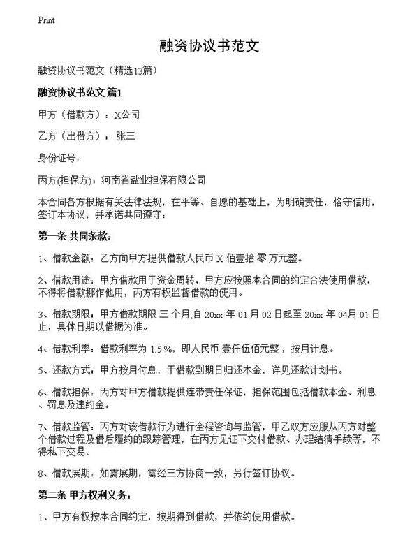 融资协议书范文