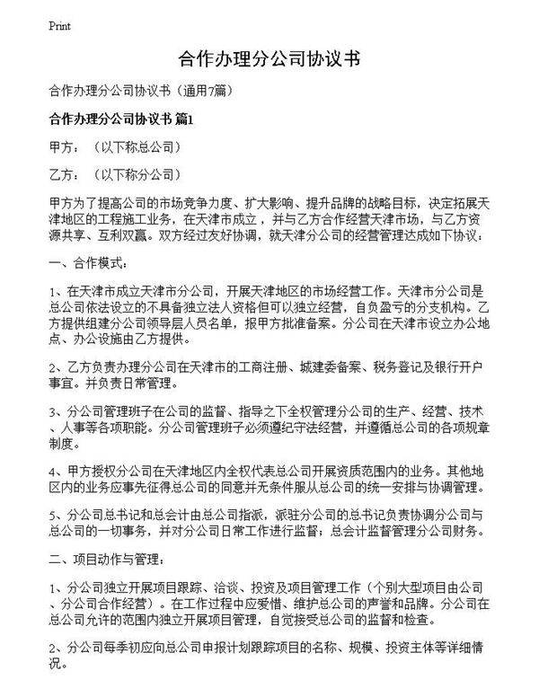 合作办理分公司协议书