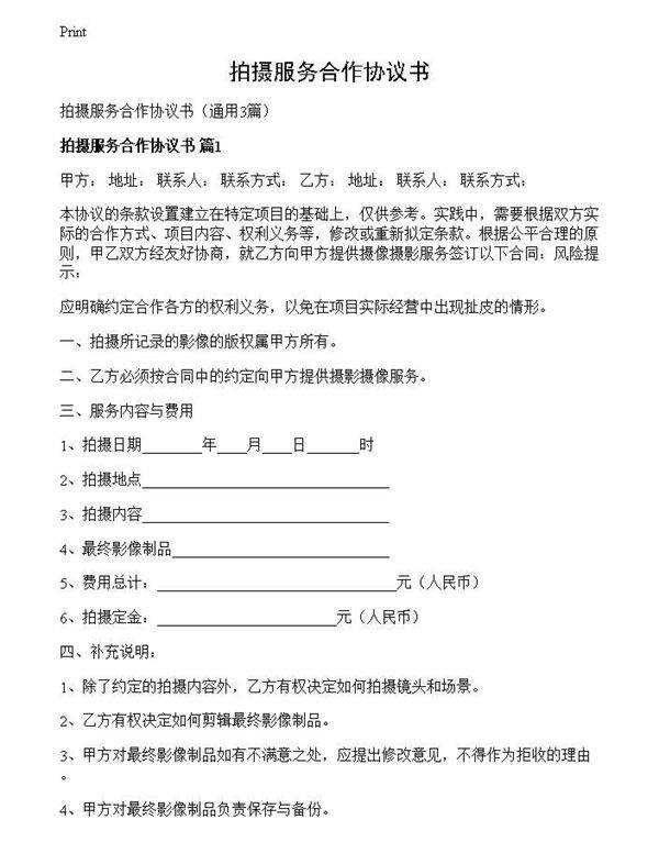 拍摄服务合作协议书