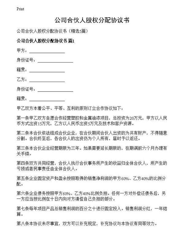 公司合伙人股权分配协议书