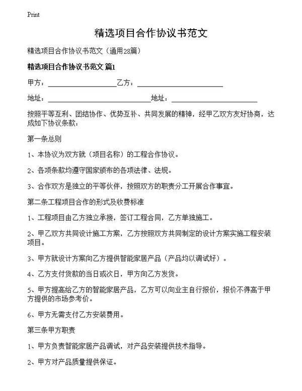 精选项目合作协议书范文