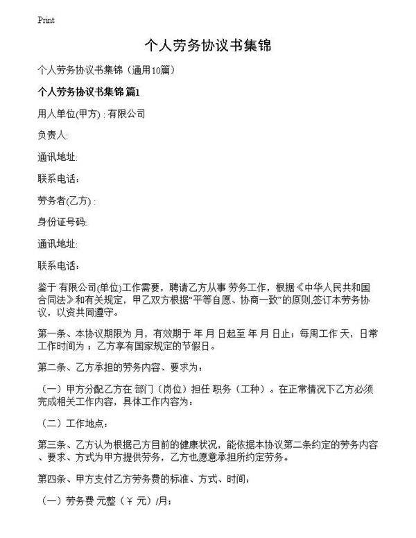 个人劳务协议书集锦