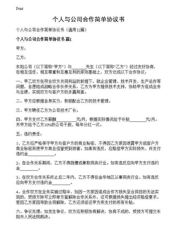 个人与公司合作简单协议书