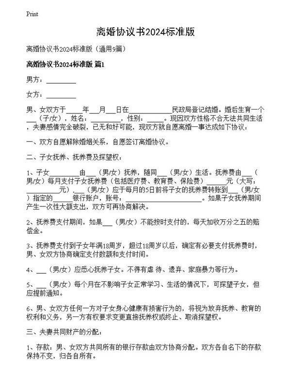 离婚协议书2024标准版