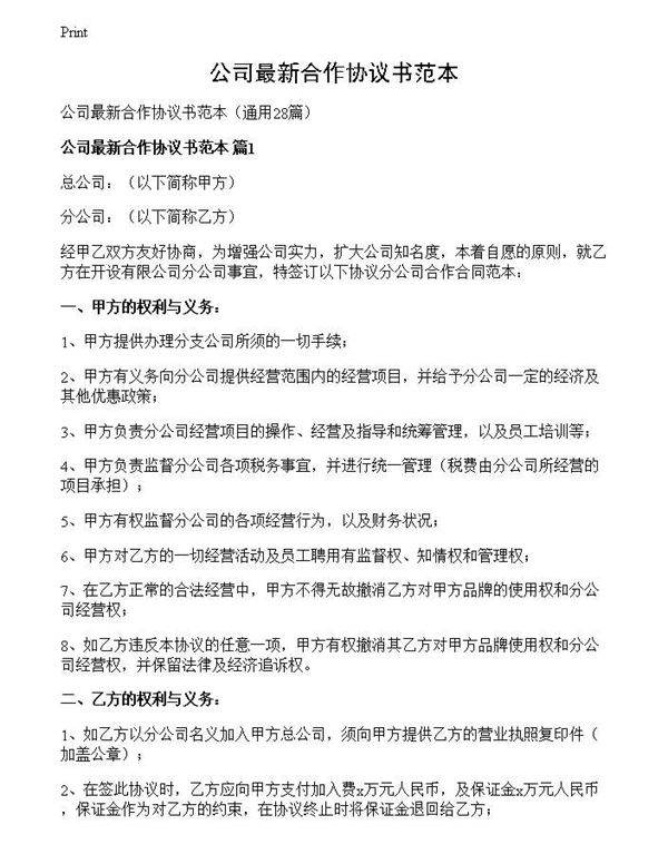 公司最新合作协议书范本